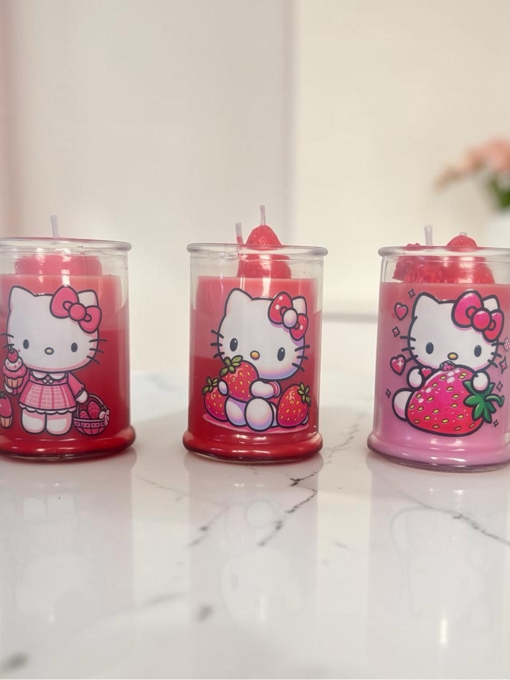 Hello Kitty Red and Pink Strawberry Party Candles - Set of 3